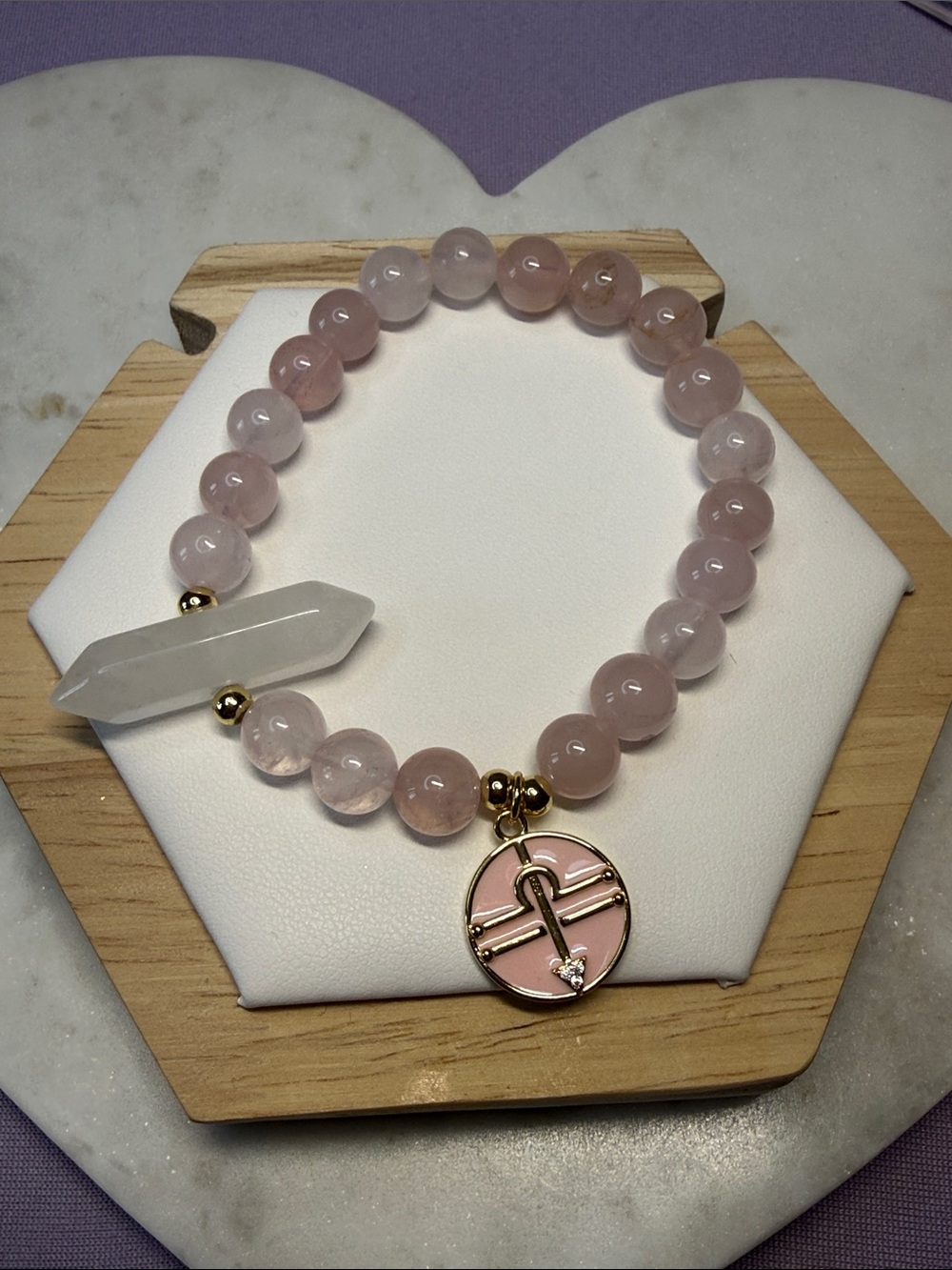 Pink Rose Quartz Libra zodiac Bracelet with Clear Quartz point